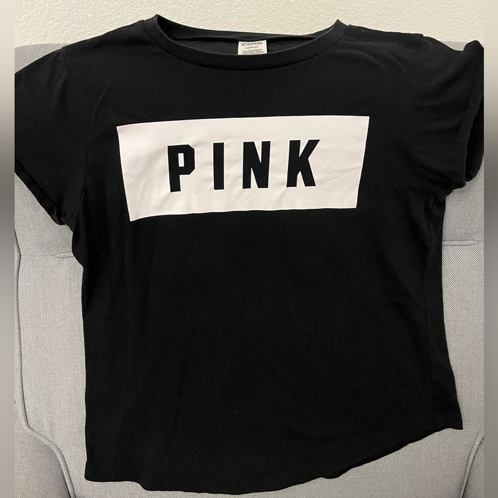 PINK Black tee shirt cuffed sleeve size Large